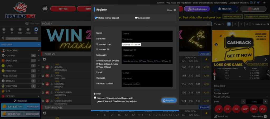 Premierbet Registration process