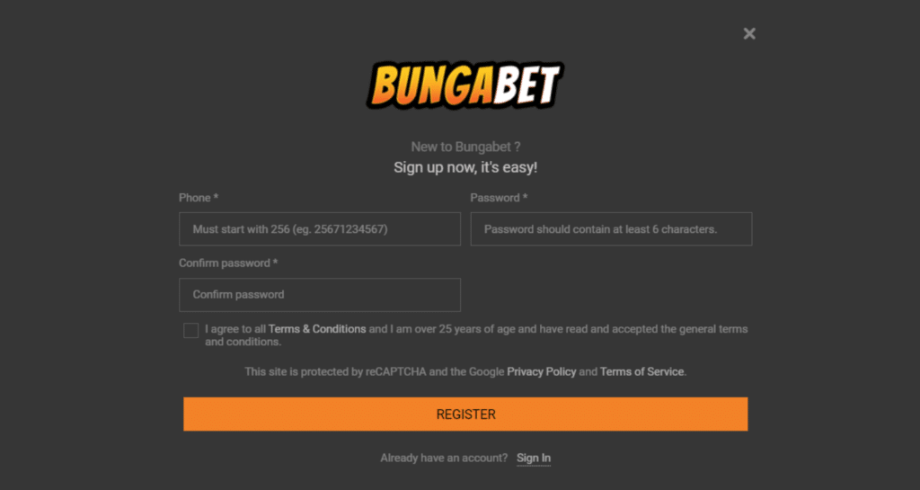 BungaBet register